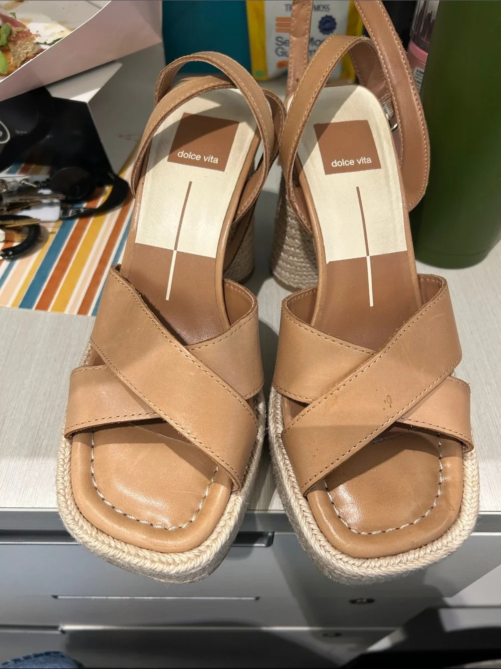 Dolce Vita Tan Leather Crisscross Espadrille Wedges
